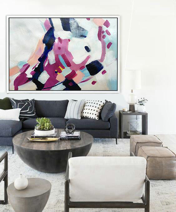 Original Painting Hand Made Large Abstract Art,Oversized Horizontal Contemporary Art,Abstract Art Decor Large Canvas Painting,White,Purple,Dark Blue,Pink.etc